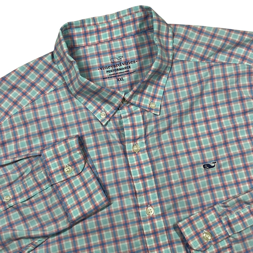 Vineyard Vines Performance Shirt Men XXL Blue Pink Plaid Whale Classic Fit L/S